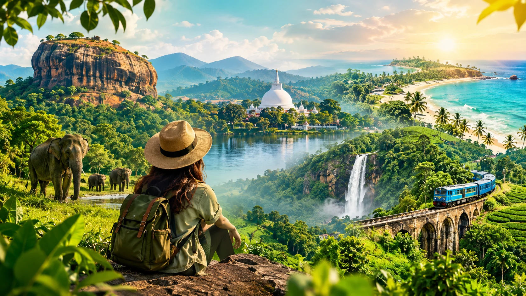 A traveller looking out over Sri Lanka's green hills and coastline